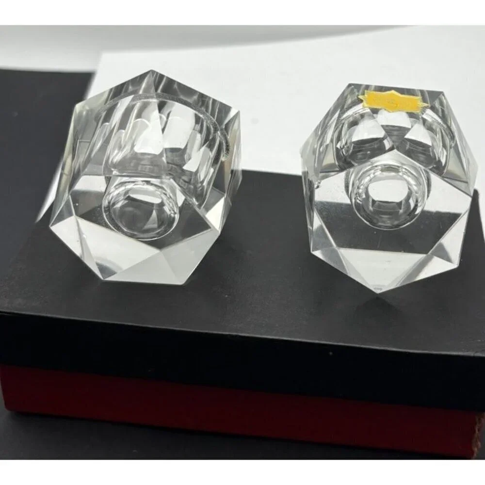 (2) Japan Faceted Crystal Hexagon Candle Holders With Original Box